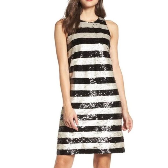 Eliza J Dress Size 4 Shift Stripe Sequin NWT $188 Reversible Sequins - Picture 1 of 6